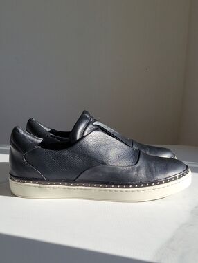 Mulberry Black Leather Slip-On Loafers with Gold Stud Trim